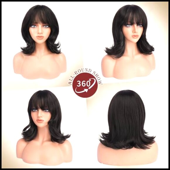 Shoulder Length Wavy Synthetic Wig with Bangs Retro Layered Party Costume main image 5